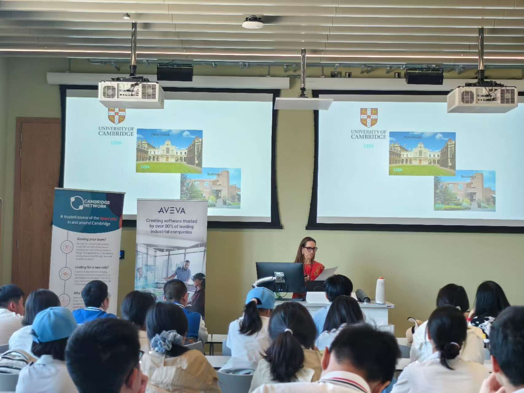 Claire Angus from Cambridge Network presenting to students at West Hub, University of Cambridge.