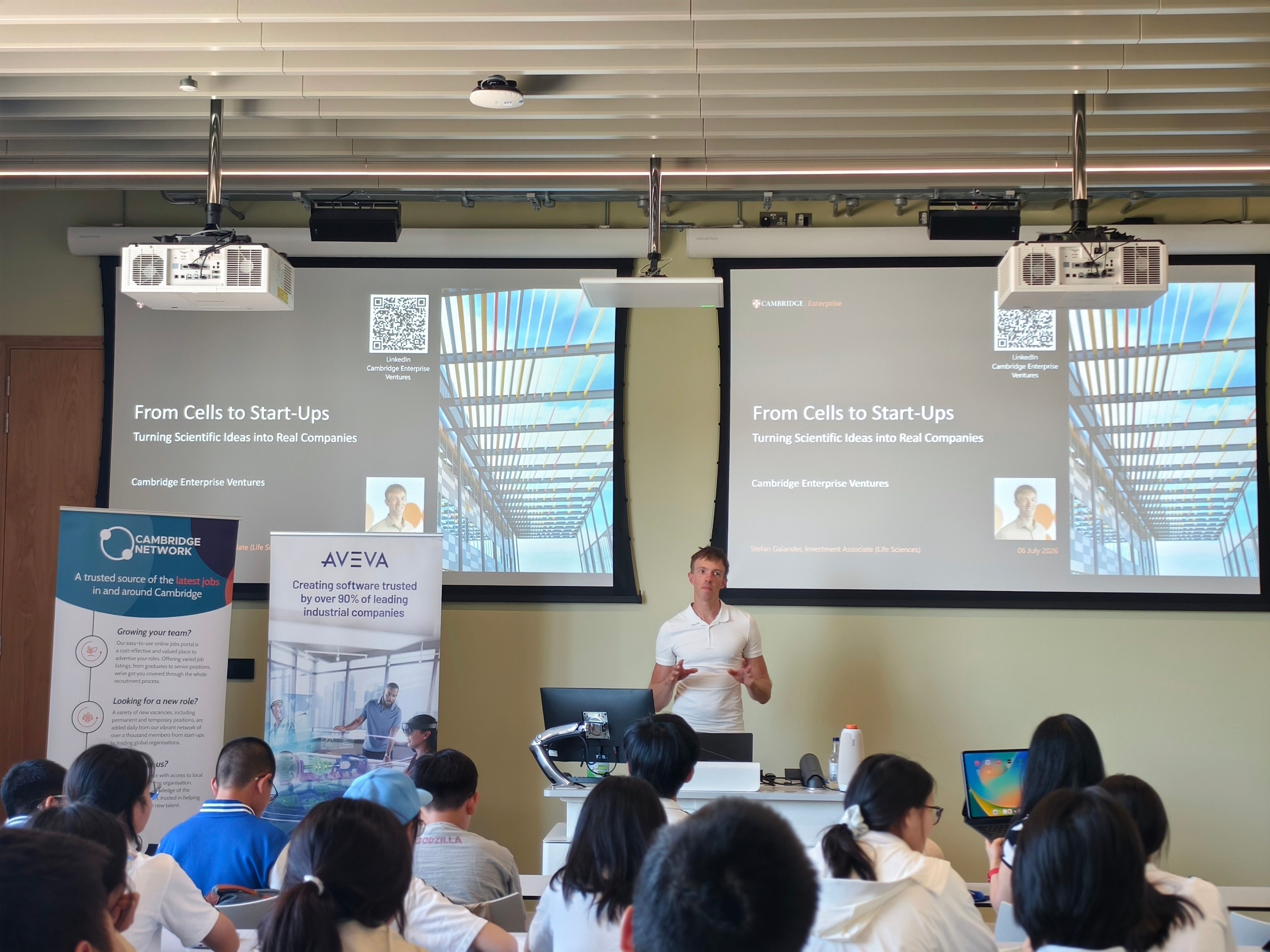 Stefan Galander from Cambridge Enterprise presenting From Cells to Start-Ups at West Hub.
